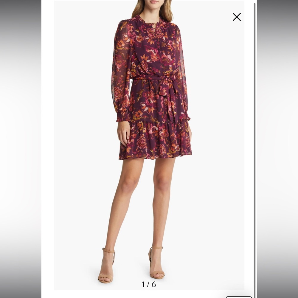 Floral Long Sleeve Chiffon Fit and Flare Dress Vince Camuto 12 new with tag wine